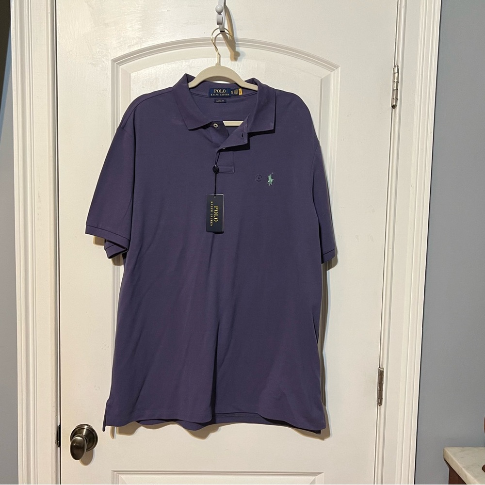 NWT Men’s Polo Shirt, XL, Purple, Two-Button, Blue Horse